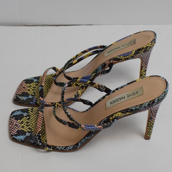Steve Madden Awake Heeled Sandal Multi Snake Open Toe Strappy Mule Pumps Heels 9 - Picture 6 of 8